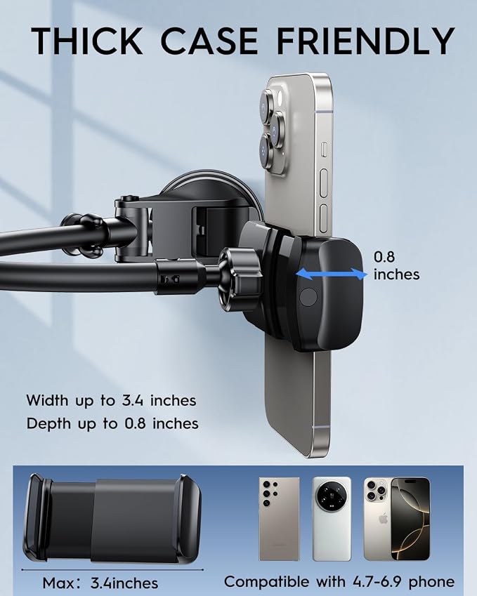Long Arm Vacuum Suction Cup Shower Phone Holder Clip, Mirror Phone Mount For Bathroom Stick On Wall Makeup Mirror Kitchen Window Bathroom Phone Stand Fit For iPhone 16 15 14 13 12 & Cell Phones