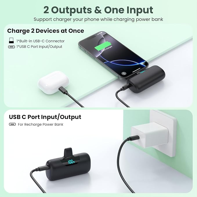 [2-Pack] 6000mAh Portable Charger for iPhone 17/16, LCD Display USB C Mini Power Bank,PD Fast Charging Lipstick Sized Battery Pack for iPhone 17/16/15 Pro Max, Galaxy S25/S24, Pixel (Inky+Inky)