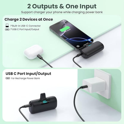 [2-Pack] 6000mAh Portable Charger for iPhone 17/16, LCD Display USB C Mini Power Bank,PD Fast Charging Lipstick Sized Battery Pack for iPhone 17/16/15 Pro Max, Galaxy S25/S24, Pixel (Inky+Inky)