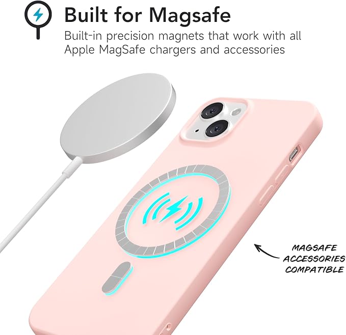 for iPhone 13 Mini/ 12 Mini Case Silicone Compatible with Magsafe Case, Ultra Slim Thin Magnetic Phone Cases Mag Safe, Cute Soft Rubber Gel Matte Wireless Charging Cover for Women, Light Pink