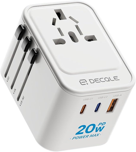 Universal Travel Adapter, 2 USB-C ＆ 1 USB-A, Cover 200+ Countries | PD 20W, International Plug Adapter, All in One Portable Adapter, NOT A Voltage Converter, for USA, UK, EU, AU (White)