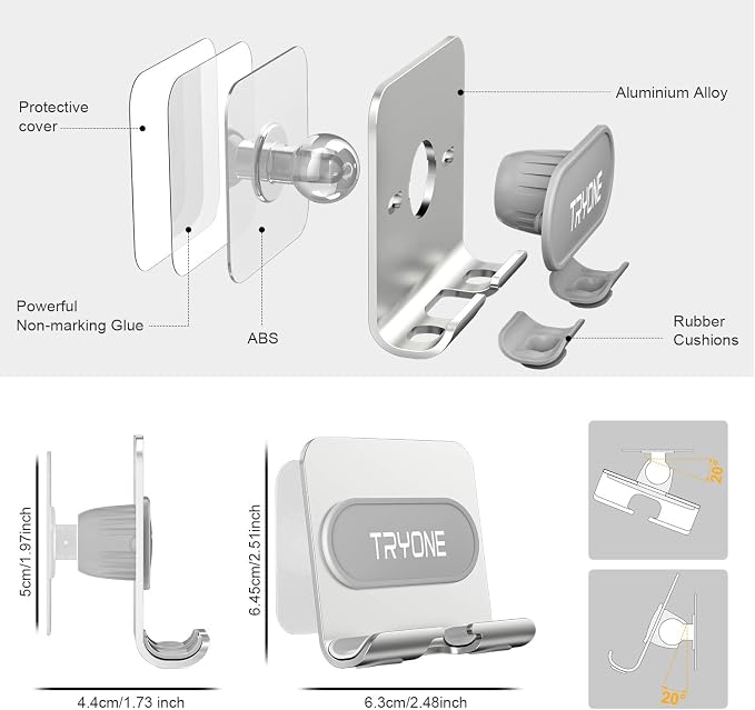 Tryone Wall Mount Cell Phone Holder - Mirror Adjustable Cellphone Stand with 2Pcs Adhesive Sticky Pads for Bathroom Bedroom Kitchen or Dorm, Compatible with iPhone Series or Other Smartphones