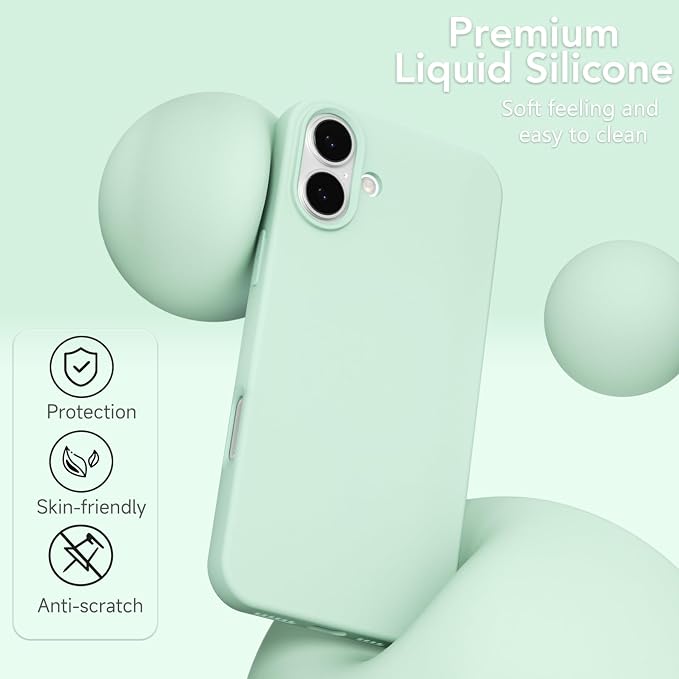 for iPhone 16 Plus Case Silicone Compatible with Magsafe Case, Ultra Slim Thin Magnetic Phone Cases Mag Safe, Cute Soft Rubber Gel TPU Matte Plain Wireless Charging Cover for Women, Mint Green