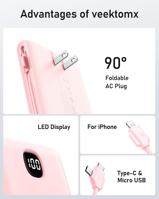 VEEKTOMX Portable Charger with Built in Cables 10000mAh, Power Bank for iPhone with Wall Plug, Travel Essential Fast Charging USB C Slim External Battery Pack for iPhone 17/16/15, Samsung, iPad,etc