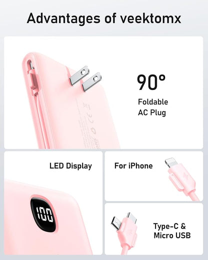 VEEKTOMX Portable Charger with Built in Cables 10000mAh, Power Bank for iPhone with Wall Plug, Travel Essential Fast Charging USB C Slim External Battery Pack for iPhone 17/16/15, Samsung, iPad,etc