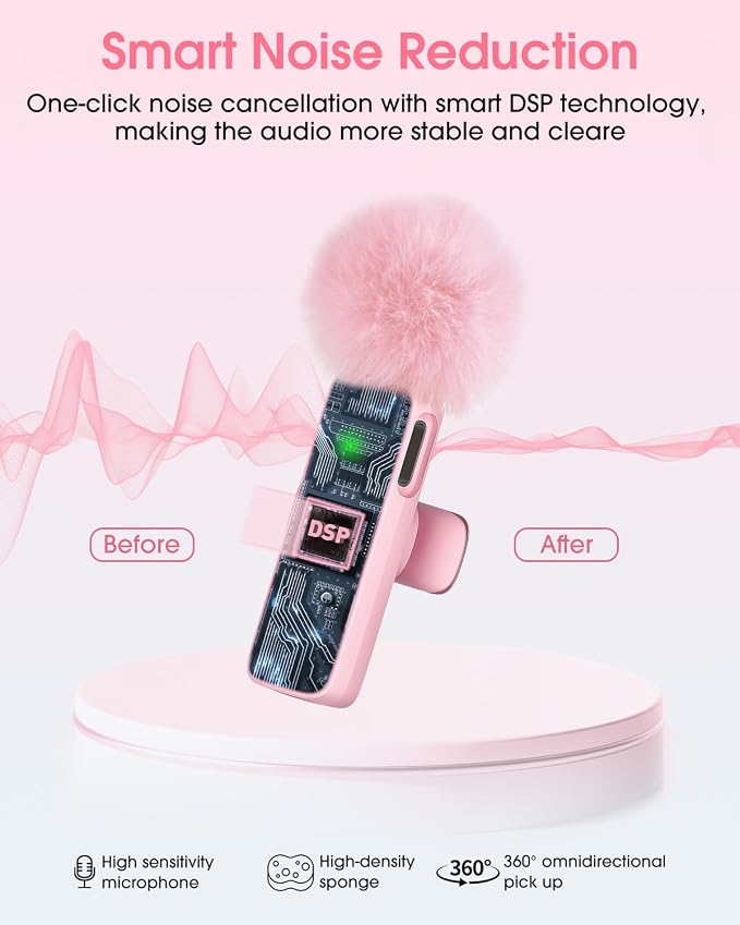 Mini Wireless Lavalier Microphone for iPhone 16/15/14/Android, Lapel Mic with Noise Reduction, 12H, 65ft, Pink Tiny Microphone Content Creator Interview for Vlog YouTube TikTok Recording (Pink)