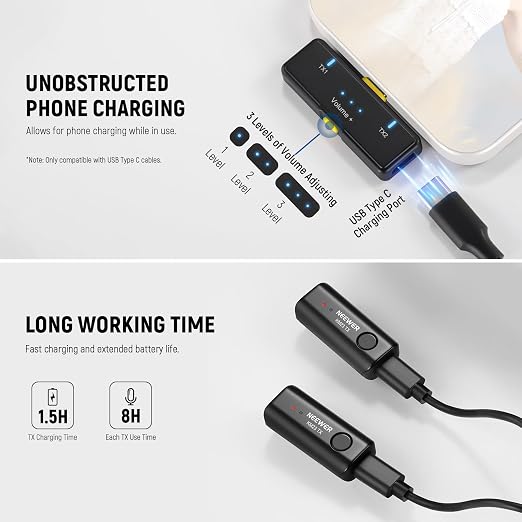 NEEWER Lavalier Wireless Microphone System, 1x USB C Receiver with OTG Adapter & 2X Noise Cancelling Omnidirectional Condenser Transmitter Compatible with iPhone 16 Pro Max S24 Ultra, KM23