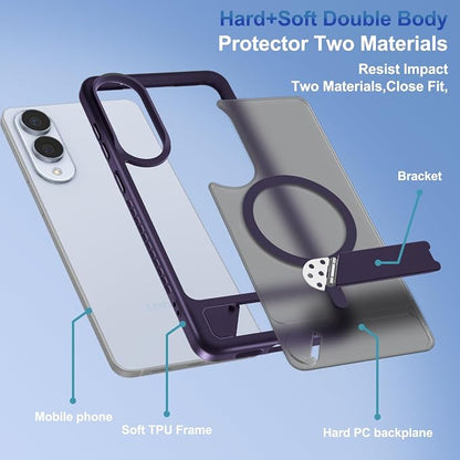 RMOCR for Samsung Galaxy S25 Edge Case with Screen Protector+Lanyard Wrist Strap,Magnetic Translucent Matte Rugged Slim Phone Cover Built in Invisible Kickstand [Fit for MagSafe],2025 Purple