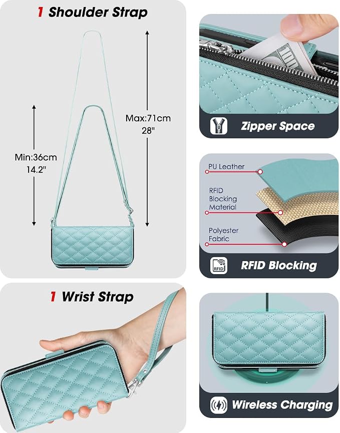 OCASE for iPhone 17 Crossbody Wallet Case - Stylish PU Leather Handbag Phone Purse with Zipper Closure, Card Slots & RFID Blocking - Wrist Strap, Lanyard, Kickstand - Diamond Check Green