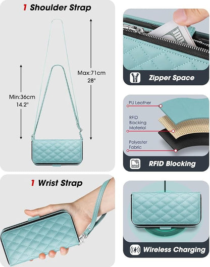 OCASE for iPhone 17 Crossbody Wallet Case - Stylish PU Leather Handbag Phone Purse with Zipper Closure, Card Slots & RFID Blocking - Wrist Strap, Lanyard, Kickstand - Diamond Check Green