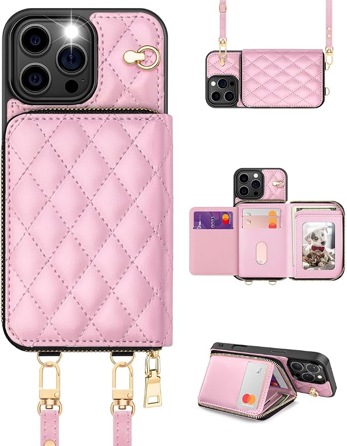 OCASE Compatible with iPhone 16 Pro Max Crossbody Wallet Case with Card Holder, PU Leather Zipper Handbag Phone Purse with RFID Blocking Kickstand Wrist Strap Lanyard 6.9 Inch, Diamond Check Pink
