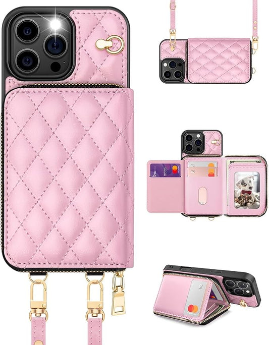 OCASE Compatible with iPhone 16 Pro Max Crossbody Wallet Case with Card Holder, PU Leather Zipper Handbag Phone Purse with RFID Blocking Kickstand Wrist Strap Lanyard 6.9 Inch, Diamond Check Pink