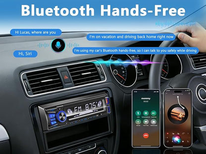 Car Radio Bluetooth Single DIN Car Stereo Audio,Car Audio with Push to Talk Button for Handsfree Calling,Supports FM/ MP3/EQ/SD/AUX,Dual USB,iOS & Android App Control,7 LED Colors | Not CD Player