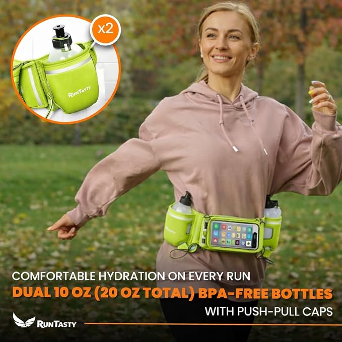 No.1 Hydration Belt by Runtasty - Premium Running Fuel Belt w/2 BPA-Free 10 oz Water Bottles, Tilt-Up Pocket w/Touchscreen-Ready Cover - Fits All iPhones, Runners Ebook & No-Bounce Design