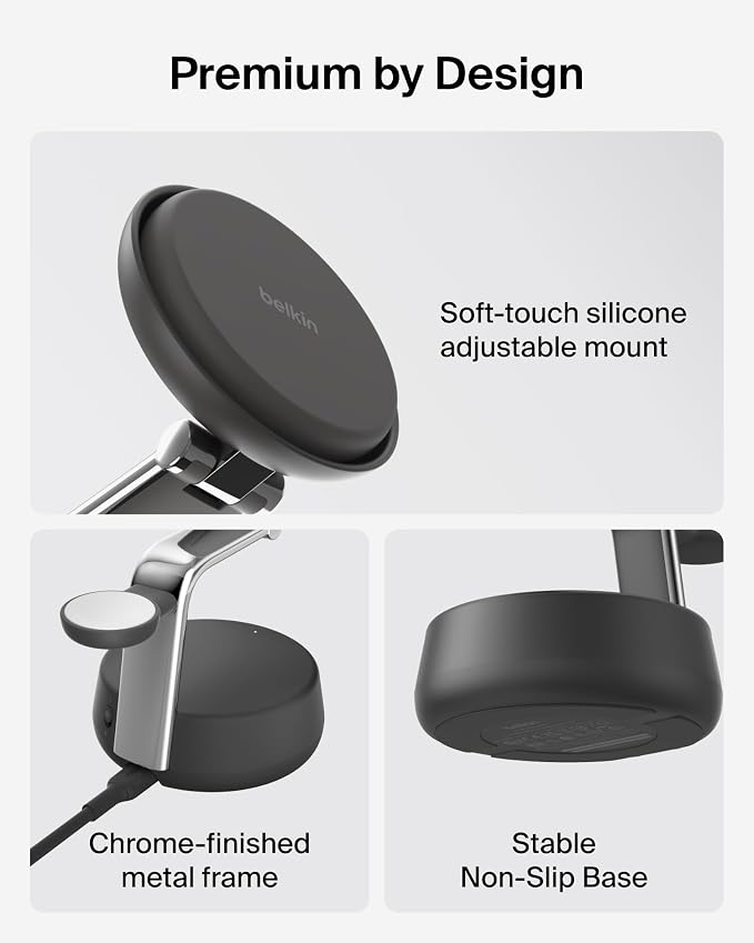 Belkin MagSafe Charger Compatible, 3-in-1 Charging Station, Qi2.2 25W w/Cooling Fan (On/Off Control) Magnetic Wireless Charger for iPhone 17, Apple Watch, AirPods, Pixel 10 (45W Adapter Included)
