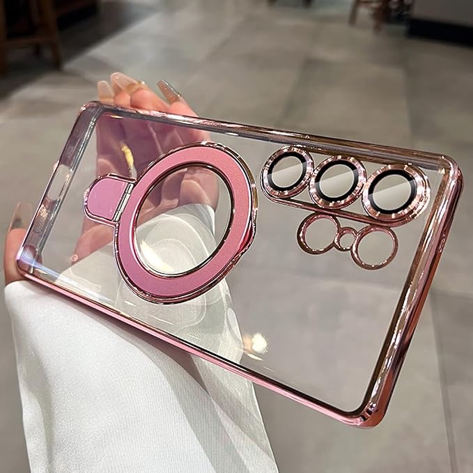 Magnetic for Samsung Galaxy S24 Ultra Case Stand & Ring Holder Compatible with MagSafe Built-in Camera Lens Protector Phone Case for Samsung S24 Ultra - Pink