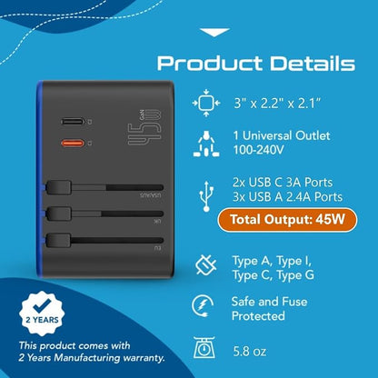 Ceptics Universal Travel Adapter, 45W International Power Adapter with PD & QC 3.0 Dual USB-C, 3 USB Travel Adapter Worldwide, Type I C G A Outlets - EU Euro US UK (11-KU)
