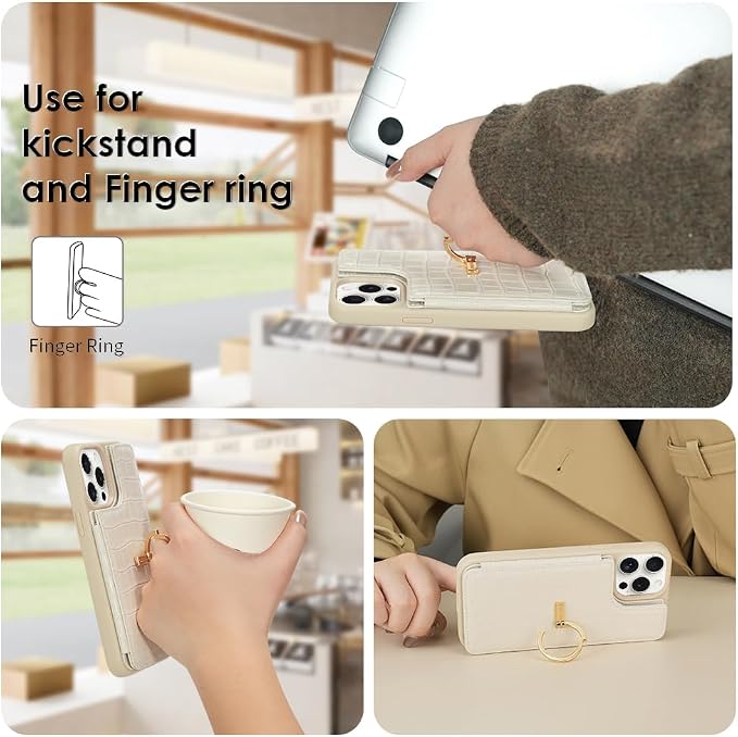 CUSTYPE for iPhone 14 Pro Phone Wallet Case with Card Holder,Ring Holder Kickstand Card Slots,Flip Leather Case Women and Men for iPhone 14 Pro 6.1"-Beige