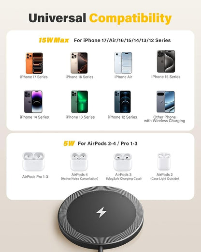 6FT Magnetic Wireless Charger Charging Pad - 15W Qi Fast Phone Charger Puck for Apple iPhone 17 16 15 14 13 12 Series & AirPods 4 3 2 Pro, Phone Charging Pad with Plug for Desk & Travel, 2Pack Black