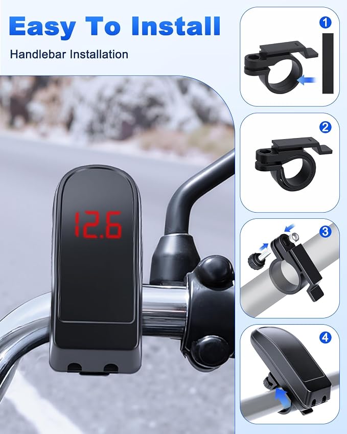 EXTRACTME Motorcycle Phone Charger, 36W Dual USB Type C PD 3.0 & QC 3.0 Motorcycle USB Charger with Voltmeter & ON/Off Switch, Waterproof Fast Charging SAE to USB Adapter for Phone, Tablet, GPS, etc
