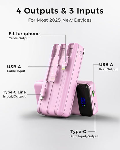 Portable Charger 40000mAh Power Bank, PD 22.5W Fast Charging | Built-in Cable, 4 Output 3 Input, Digital Display, Compatible with iPhone 17 16 15 14 13 Android