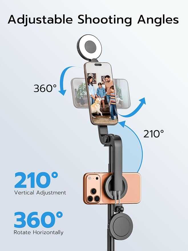 USKEYVISION Magnetic Selfie Stick Tripod with Light & Remote, Phone Tripod with Magnetic Holder for Magsafe, 360° Rotatable Cellphone Stand for iPhone/Android for Video Recording, Vlogging(SPT-02)