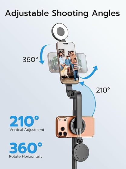 USKEYVISION Magnetic Selfie Stick Tripod with Light & Remote, Phone Tripod with Magnetic Holder for Magsafe, 360° Rotatable Cellphone Stand for iPhone/Android for Video Recording, Vlogging(SPT-02)