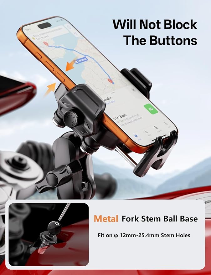 Kewig Motorcycle Phone Fork Stem Mount with Vibration Dampener [Anti-Theft] [Camera Friendly] Cellphone Cradle Fits Stem Tubes 12mm-25.4mm in Diameter for Motorcycle Adjustable Size Fit 5.4-7.2" Phone