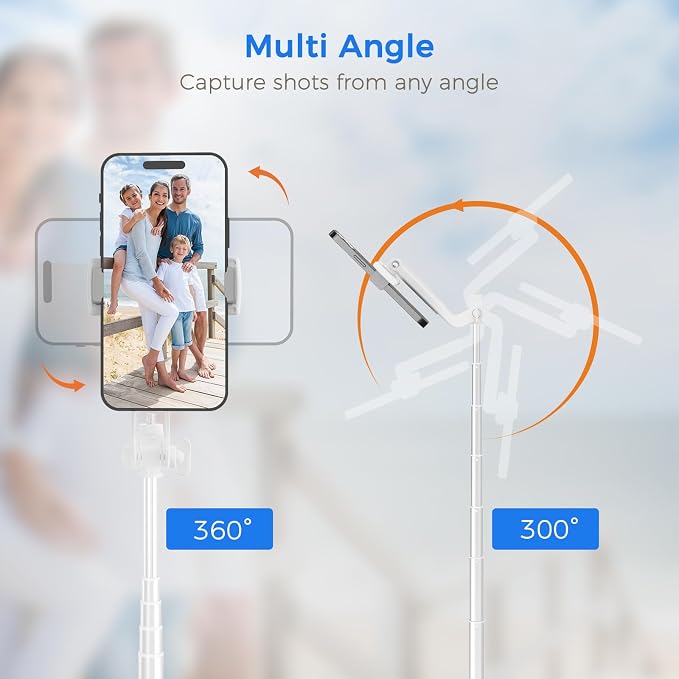 Selfie Stick Travel Tripod for Cell Phone with Remote Control and Phone Holder, Extendable Selfie Stick for iPhone, iPhone Tripod for Video Recording, 63 Inch, White