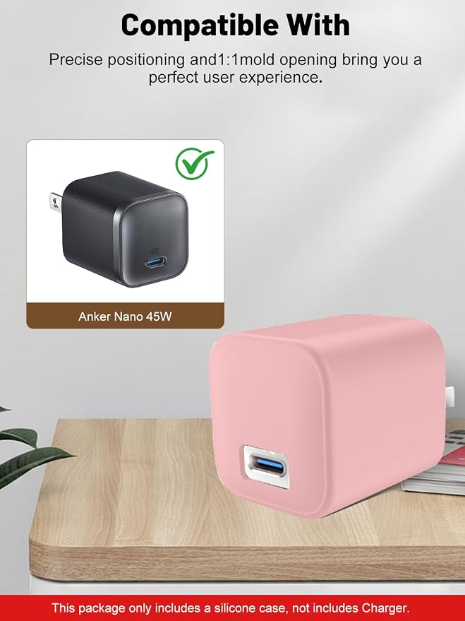 Silicone Protective Case for Anker Nano 45W USB-C Charger, Full-Body Protective Cover with Precise Cutouts, Shockproof Dustproof Charging Block Protector Sleeve & Scratch-Resistant Sleeve (Pink)