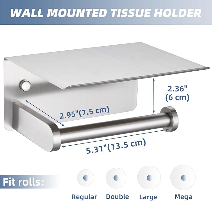 Toilet Paper Holder with Phone Shelf, APLusee SUS 304 Stainless Steel Bathroom Tissue Holder, Wall Mounted Roll Paper Dispenser, Brushed Nickel