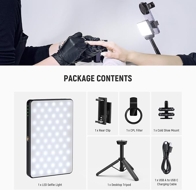 NEEWRE Basics LED Selfie & Tattoo Light Compatible with iPhone, Clip on CPL Filter/Tripod Stand/Phone Holder, Fill Lighting Remove Reflection for Art Food Jewelry Photography Video Recording, BL120B