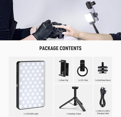 NEEWRE Basics LED Selfie & Tattoo Light Compatible with iPhone, Clip on CPL Filter/Tripod Stand/Phone Holder, Fill Lighting Remove Reflection for Art Food Jewelry Photography Video Recording, BL120B