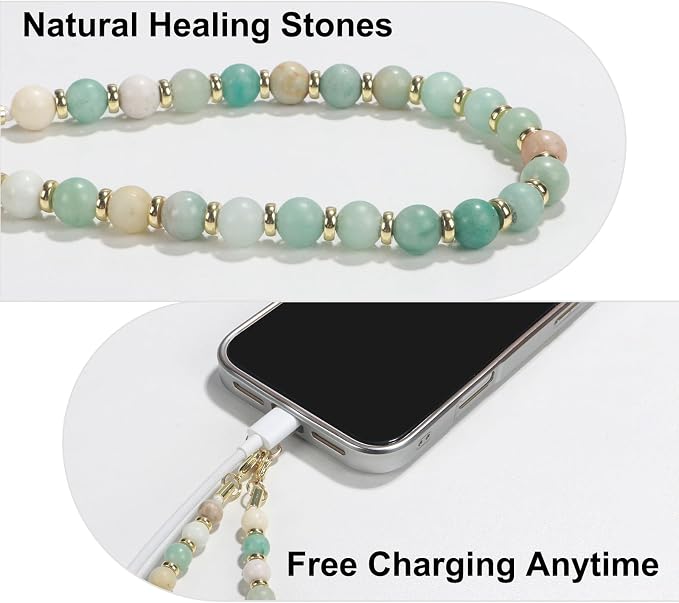 TEAMOLA Natural Stone Phone Charm, Handmade Crystal Cellphone Chain for Universal, Beaded Healing Anti Theft Phone Wrist Strap with Tether Tab, Amazonite