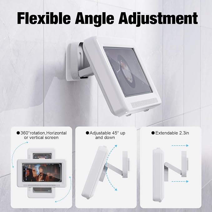 Waterproof Shower Phone Holder - Rotates and Adjustable Angle, Anti-Fog High Sensitivity Cover Mount Box for Smooth Wall Surfaces Where You Need Occasions,Compatible with 4" - 7" Cell Phones