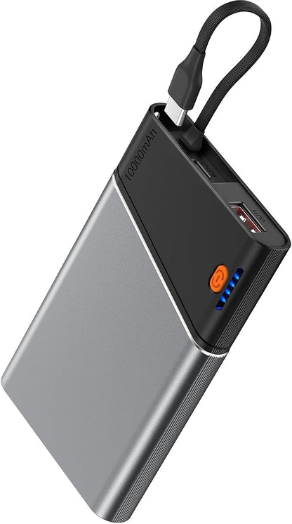 Aaoyun 10000mAh Portable Power Bank, 22.5W PD Fast Charging Battery Pack with Built-in USB-C Cable, Ultra-Slim External Phone Charger for iPhone 17/16/15, Samsung Galaxy S24, Android (Grey)