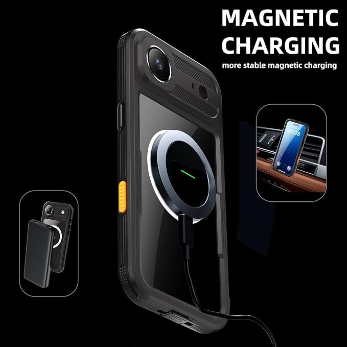 Omio for iPhone Air Waterproof Case Compatible with MagSafe, Magnetic Waterproof Full Body IP68 Underwater Case Built-in Screen Protector Military Grade Shockproof Cover for Men Women Black