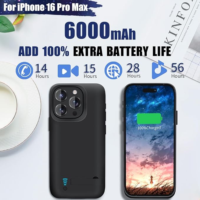 Battery Case for iPhone 16 Pro Max, 6000mAh Rechargeable Extended Battery Charging/Charger Case, Add 100% Extra Juice (6.9 inch) Black