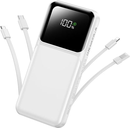RONEGN Portable Charger with Built in Cable -20000mAh Fast Charging Power Bank USB C Slim 22.5W LED Display Battery Pack 5 Outputs & 3 Inputs for Travel Essentials iPhone Samsung Phones White