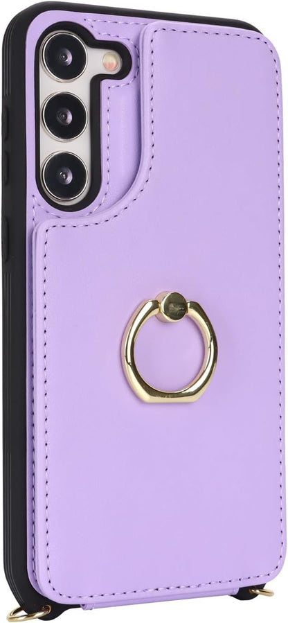 Lipvina for Samsung Galaxy S22 Case with Card Holder and Strap for Women,Crossbody Lanyard,RFID Blocking,Ring Stand,Snap Clasp,Phone Wallet Cases 6.1 inch(Purple)