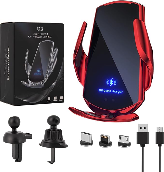 Wireless Car Charger Mount 15W Fast Charging Auto Clamping Car Phone Holder Mount Wireless Charging for Car Air Vent Compatible with All Android Smartphone(Red)