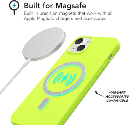 for iPhone 14/ iPhone 13 Case Silicone Compatible with Magsafe Case, Ultra Slim Thin Magnetic Phone Cases Mag Safe, Cute Soft Rubber Gel TPU Matte Wireless Charging Cover for Women, Neon Green