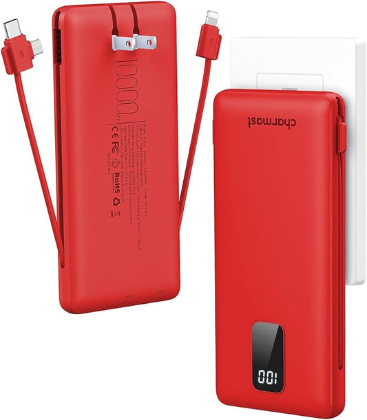 charmast Portable Charger with Built-in Cables and Plug, 10000mAh USB C Power Bank Fast Charging, External Battery Pack Slim, Travel Essentials Compatible with iPhones, Samsung Galaxy, iPad