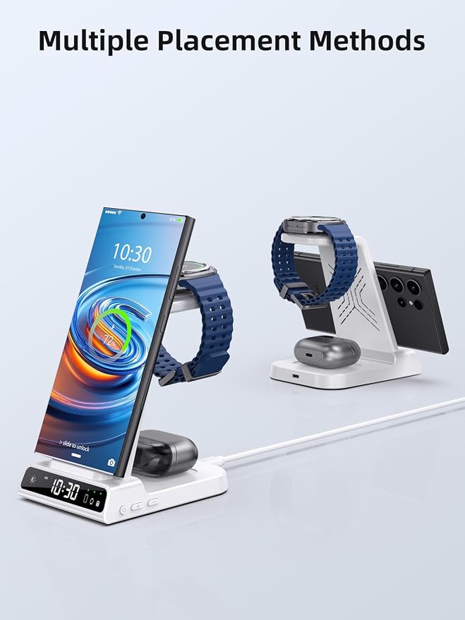 Wireless Charger Samsung Charging Station: 3 in 1 Android Charging Stand with Dimmable Clock - Nightstand Organizer for Galaxy S25 Ultra S24, Galaxy Watch 8 7 6 5 4, Galaxy Buds, Space-Saving Charger