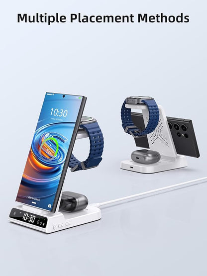 Wireless Charger Samsung Charging Station: 3 in 1 Android Charging Stand with Dimmable Clock - Nightstand Organizer for Galaxy S25 Ultra S24, Galaxy Watch 8 7 6 5 4, Galaxy Buds, Space-Saving Charger