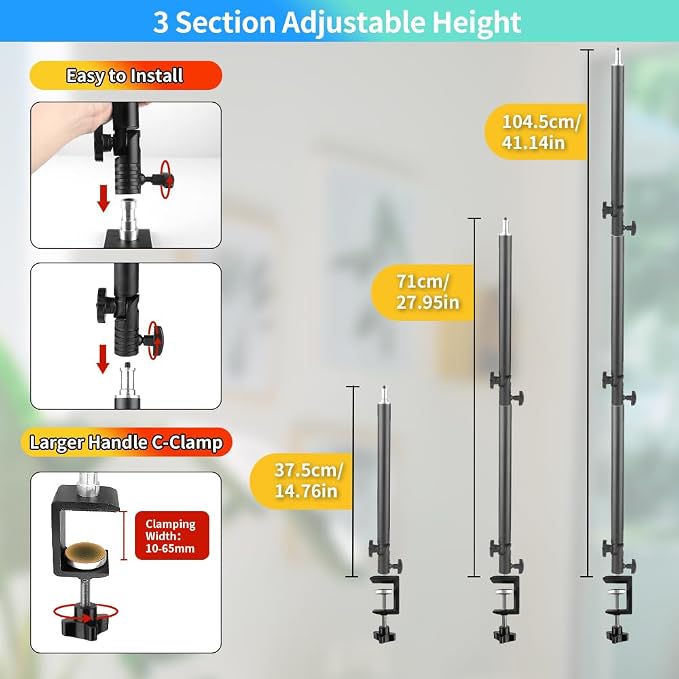 Heavy Duty Overhead Camera Desk Mount Stand 14.5"-41" with 1/4" Screw, 3-Section 360°Rotatable Detachable Articulating Boom Arm with Enlarged Handle C Clamp, Tabletop Light Stand for Streaming Vlog