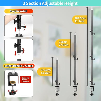 Heavy Duty Overhead Camera Desk Mount Stand 14.5"-41" with 1/4" Screw, 3-Section 360°Rotatable Detachable Articulating Boom Arm with Enlarged Handle C Clamp, Tabletop Light Stand for Streaming Vlog