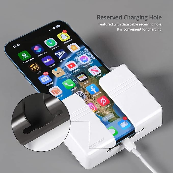 Wall Phone Holder, Adhesive Phone Wall Mount with Cable Hole, Bathroom Bedside Kitchen RV Phone Holder Compatible with iPhone, Android Phones and Remote Controls (White)