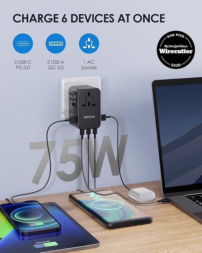 EPICKA Universal Travel Adapter, GaN 75W International Plug Adapter with 3 USB-C PD Fast Charging & 2 USB-A Quick Charging Adaptor All-in-one Wall Charger for USA EU UK AUS (TA-105 Max, Black)
