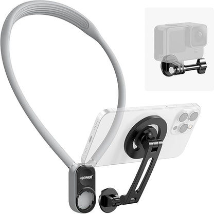 Neewer Magnetic Neck Holder for Action Camera Phone Hands Free Neck Tripod Chest Mount Compatible with GoPro DJI Insta360 iPhone15 Android Neck Phone Holder for POV Vlog, Gray, GP16